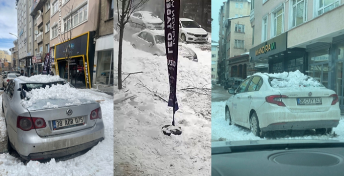 Erzurum'da kar kütlesi araçların üzerine düştü