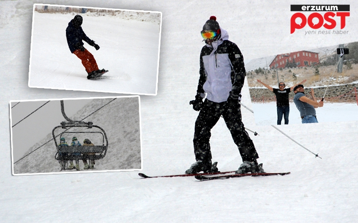  Palandöken'de kar yağışı altında kayak keyfi